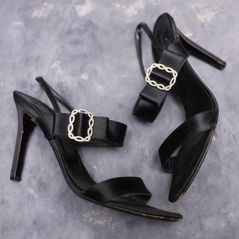 Valentino Satin Sandals Heels with Gold and Crystal Buckle